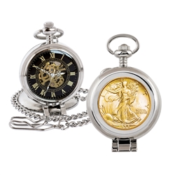 Gold-Layered Silver Walking Liberty Half Dollar Coin Pocket Watch with Skeleton Movement - Black Dial with Gold Roman Numerals