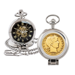 Gold-Layered Silver Barber Half Dollar Coin Pocket Watch with Skeleton Movement - Black Dial with Gold Roman Numerals