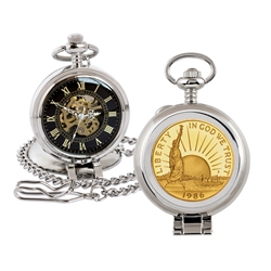 Gold-Layered Statue of Liberty Commemorative Half Dollar Coin Pocket Watch with Skeleton Movement - Black Dial with Gold Roman Numerals