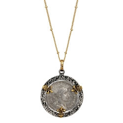 Two Tone Fleur De Lis Ancient Roman Silver Coin Pendant Necklace