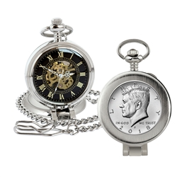 JFK Half Dollar Coin Pocket Watch with Skeleton Movement - Magnifying Glass - Black Dial with Gold Roman Numerals