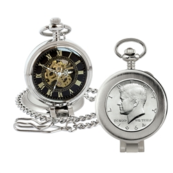 JFK 1964 First Year of Issue Half Dollar Coin Pocket Watch with Skeleton Movement - Magnifying Glass - Black Dial with Gold Roman Numerals