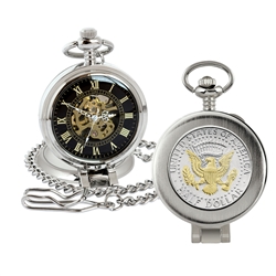 Selectively Gold-Layered Presidential Seal JFK Half Dollar Coin Pocket Watch with Skeleton Movement - Magnifying Glass - Black Dial with Gold Roman Numerals