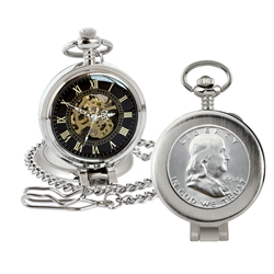 Silver Franklin Half Dollar Coin Pocket Watch with Skeleton Movement - Magnifying Glass - Black Dial with Gold Roman Numerals