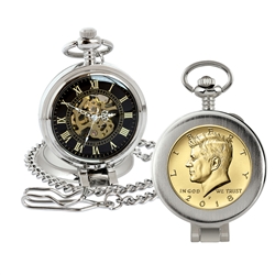 Gold-Layered JFK Half Dollar Coin Pocket Watch with Skeleton Movement - Magnifying Glass - Black Dial with Gold Roman Numerals