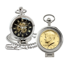 Gold-Layered JFK 1964 First Year of Issue Half Dollar Coin Pocket Watch with Skeleton Movement - Magnifying Glass - Black Dial with Gold Roman Numerals