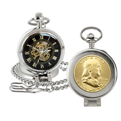Gold-Layered Silver Franklin Half Dollar Coin Pocket Watch with Skeleton Movement - Magnifying Glass - Black Dial with Gold Roman Numerals