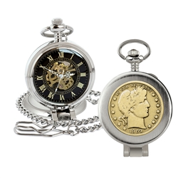 Gold-Layered Silver Barber Half Dollar Coin Pocket Watch with Skeleton Movement - Magnifying Glass - Black Dial with Gold Roman Numerals
