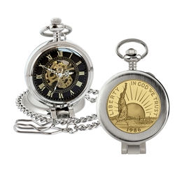 Gold-Layered Statue of Liberty Commemorative Half Dollar Coin Pocket Watch with Skeleton Movement - Magnifying Glass - Black Dial with Gold Roman Numerals