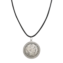 Barber Silver Half Dollar Coin Pendant With Leather Cord