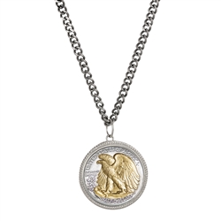 Walking Liberty Silver Half Dollar Pendant With Curb Chain- Reverse 2 Tone Plating
