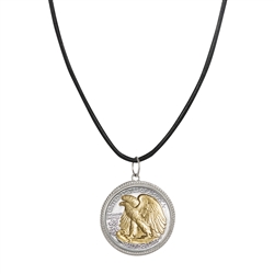 Walking Liberty Silver Half Dollar Pendant With Leather Cord - Reverse 2 Tone Plating