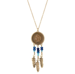 Indian Cent Coin Lapis Feather Pendant