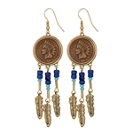 Indian Penny One Cent Coin Lapis Glass Beaded Feather Fish Hook Earrings