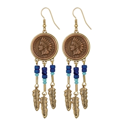 Indian Penny One Cent Coin Lapis Glass Beaded Feather Fish Hook Earrings