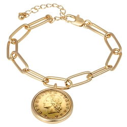 Italian 20 Lira Coin Goldtone Elongated Link Bracelet