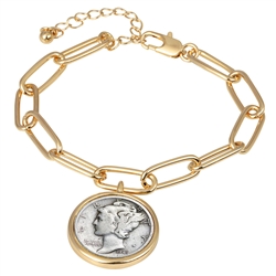 Mercury Dime Coin Goldtone Elongated Link Bracelet