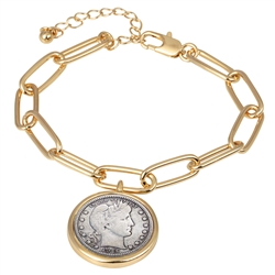 Barber Dime Coin Goldtone Elongated Link Bracelet