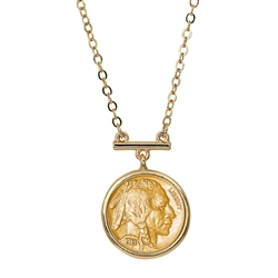 Gold Layered Buffalo Nickel Coin Goldtone Bar Necklace