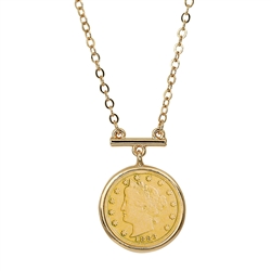Gold Layered Liberty Nickel Coin Goldtone Bar Necklace