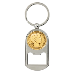 Gold-Layered Silver Barber Half Dollar Coin Key Chain Bottle Opener