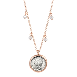 Silver Mercury Dime Rose Tone Glass Pearl Necklace