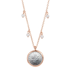 Italian 50 Lire Rose Tone Glass Pearl Necklace