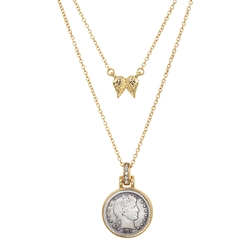 Barber Dime Goldtone Pendant With Double Chain With Angel Wings