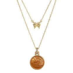 Hummingbird Coin Goldtone Pendant With Double Chain With Angel Wings