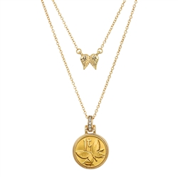 Butterfly Coin Goldtone Pendant With Double Chain With Angel Wings