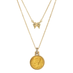 French Marianne Coin Goldtone Pendant With Double Chain With Angel Wings