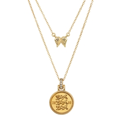 Three Lions Coin Goldtone Pendant With Double Chain With Angel Wings