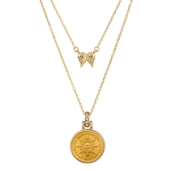 Sun Coin Goldtone Pendant With Double Chain With Angel Wings