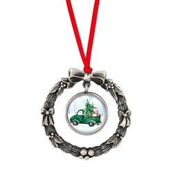 Wreath Ornament With Colorized Quarter Green Vintage Christmas Truck Coin