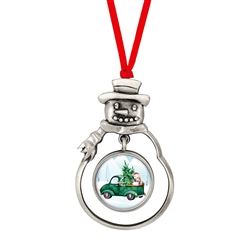 Snow Man Ornament With Colorized Quarter Green Vintage Christmas Truck Coin