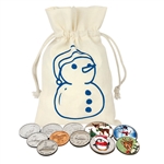Animal Coins From Around The World And Colorized Christmas Coins In Snowman Canvas Bag