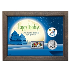 Happy Holidays Snowman Colorized Half Dollar With 2021 JFK Coins and Snowman Stamp in Wood Frame
