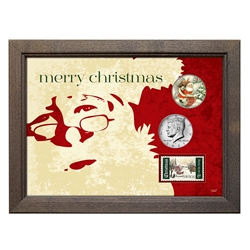 Merry Christmas Colorized Vintage Santa Half Dollar With JFK Coins and Stamp in Wood Frame