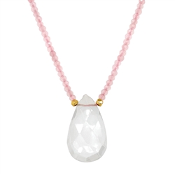 Crystal Pendant and Rose Quartz Bead Necklace
