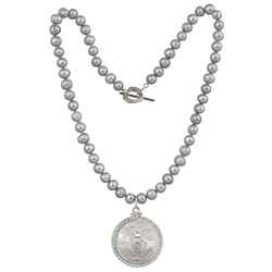 Silver Mexican Libertad 1/4 Oz Coin Grey Pearl Necklace