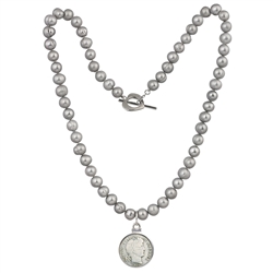 Barber Dime Coin Grey Pearl Necklace
