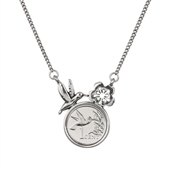 Hummingbird Coin Silvertone Pendant Necklace