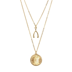 Gold Layered Irish Half Penny Harp Wishbone Double Chain Necklace