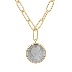 Barber Quarter Coin Goldtone Paper Clip Necklace