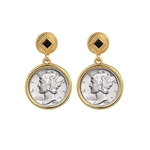 Mercury Dime Coin Goldtone Art Deco Earrings With Black Stone