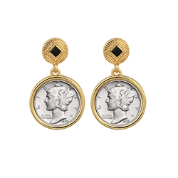 Mercury Dime Coin Goldtone Art Deco Earrings With Black Stone