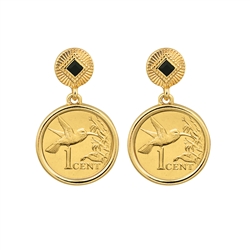 Gold Layered Hummingbird Coin Goldtone Art Deco Earrings With Black Stone