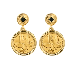 Gold Layered Butterfly Coin Goldtone Art Deco Earrings With Black Stone