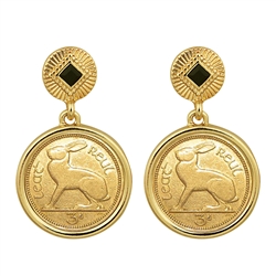 Gold Layered 3 Pence Coin Goldtone Art Deco Earrings With Black Stone