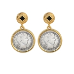 Barber Dime Coin Goldtone Art Deco Earrings With Black Stone